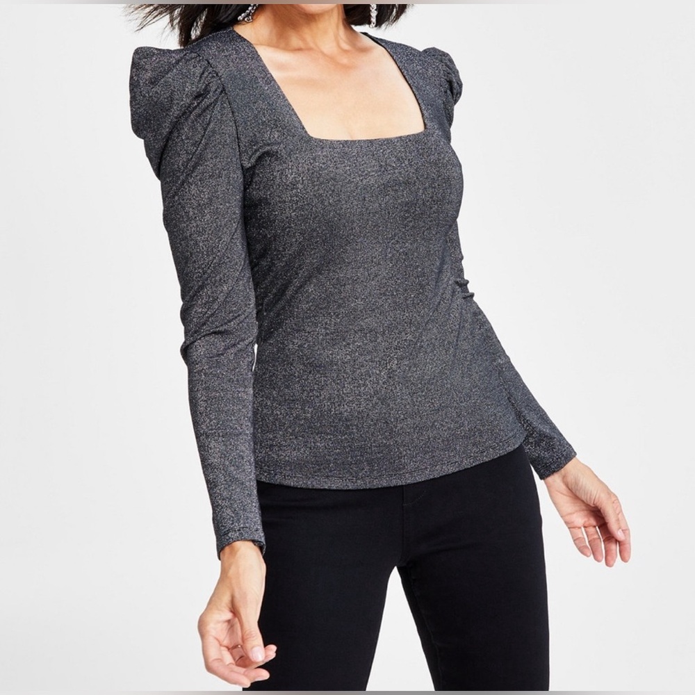 INC International Concepts Shimmering Puff Sleeve Top - Silver